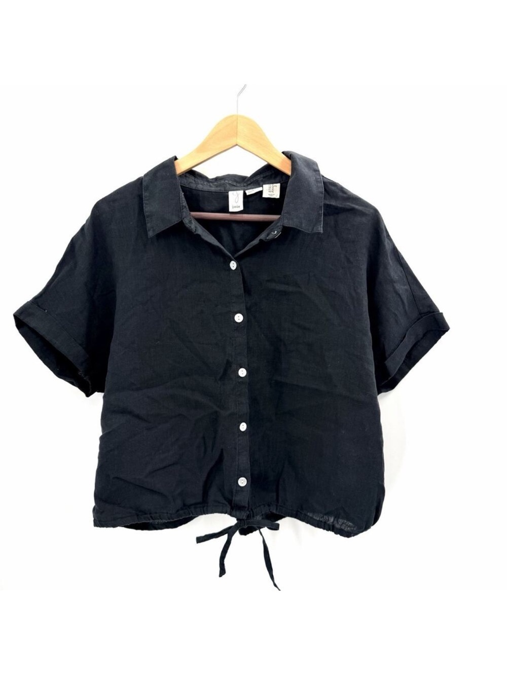 Joie Black 100% Linen Cropped Tie Front Button Down Shirt Top Womens XL